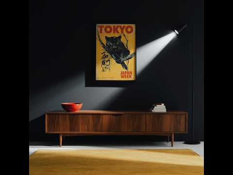 Affiche rétro japonaise représentant Black Panther en jaune vif et rouge