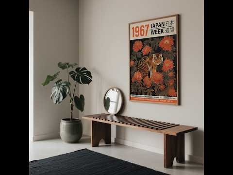 Art mural asiatique vintage représentant un tigre majestueux, inspiré des gravures sur bois traditionnelles.