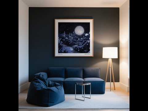 Art mural surréaliste « Ciel nocturne avec lune et champignons », inspiré par Yayoi Kusama