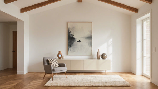 Poster con pittura a inchiostro in stile giapponese raffigurante un barcaiolo che scivola lungo un fiume