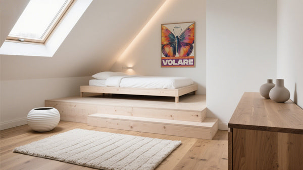 Idee di arredamento artistico per la camera da letto con una grande farfalla incorniciata in legno