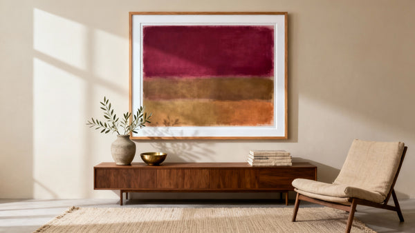 Mockup incorniciato di una stampa artistica di un poster di Rothko su una parete elegante, ideale per gli appassionati di arredamento.