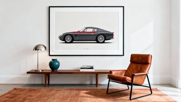 Mockup di quadro artistico con cornice che valorizza l'arredamento interno con uno stile automobilistico.