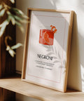 Poster del cocktail Negroni con bicchiere minimalista guarnito con scorza d'arancia.
