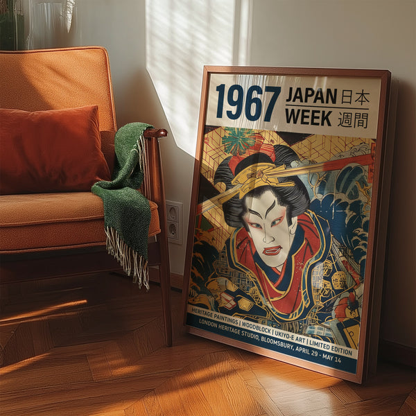 Arte Japandi audace con accenti dorati e immagini di guerrieri per lo studio

