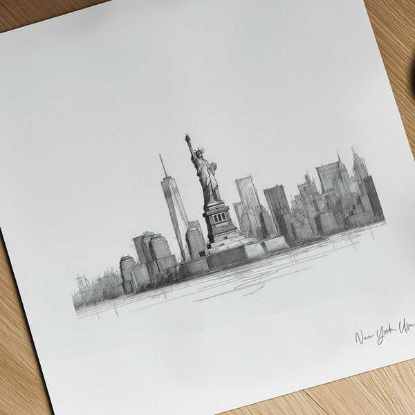 Illustrazione in bianco e nero della Statua della Libertà e dello skyline di New York City su un foglio di carta bianco.