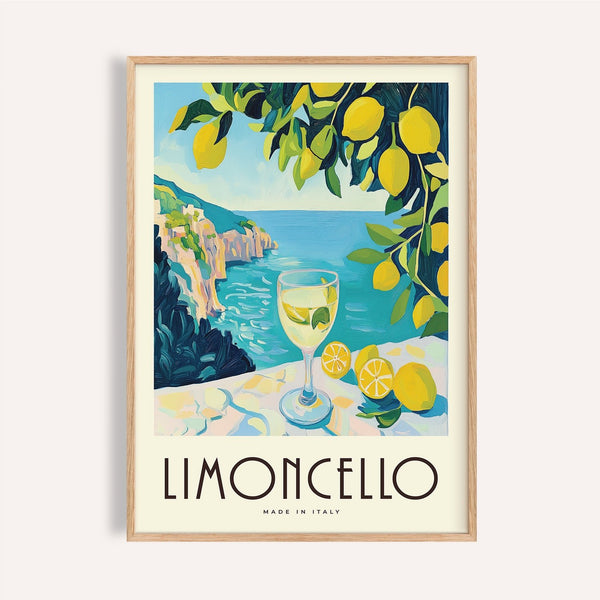 Vivace poster vintage italiano con limoncello e limoni da appendere alla parete della cucina