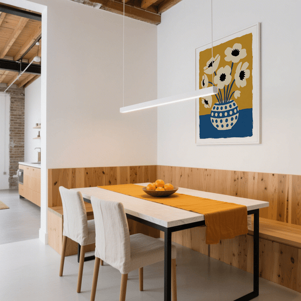 Stampa artistica floreale in blu, giallo e beige, poster per corridoio