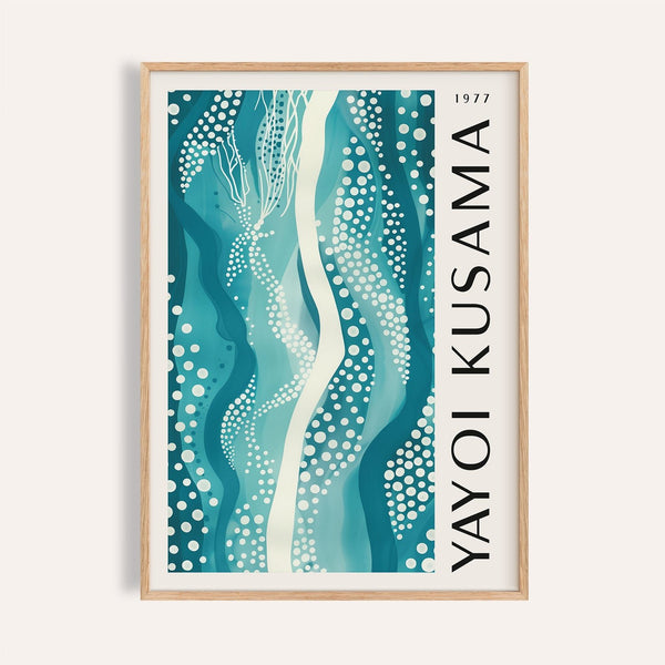 Quadro astratto color verde acqua con onde fluide e puntini per un soggiorno moderno