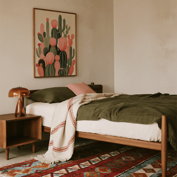 Minimalist Cactus Print in green and orange tones for office wall art