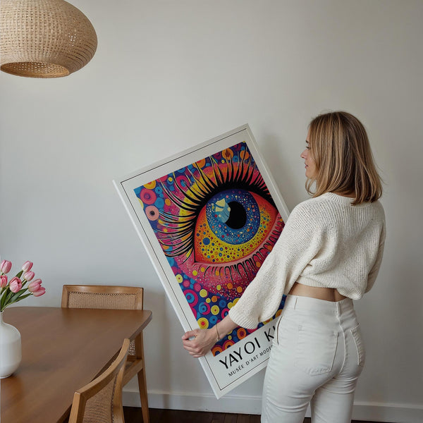 Stampe astratte in stile Pop Art con occhi multicolori e punti sovrapposti.