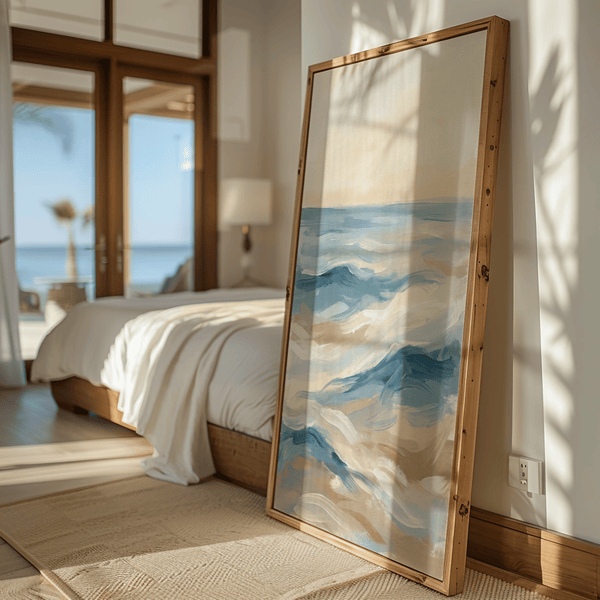 Neutral Ocean Wave Art Print blending blue, white, and beige for nursery wall art