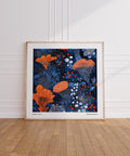 Blue Orange Wall Art with midnight blue background and red-orange flowers.