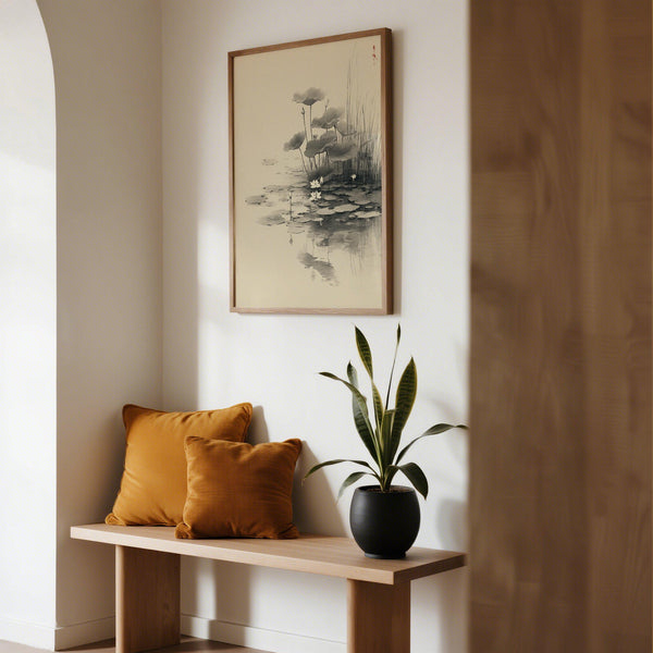 Decorazione murale con fiori di loto dipinti con la tradizionale tecnica giapponese del pennello su sfondo chiaro.