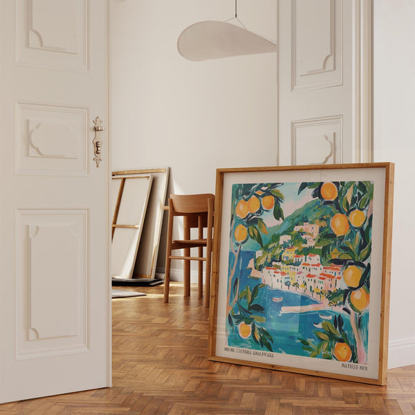 Opere d'arte costiere della nostra serie Amalfi Wall Art con una vivace palette mediterranea.