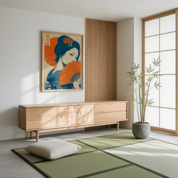 Stampa retrò Geisha con colori arancione e beige, ideale per decorare le pareti dell'ingresso