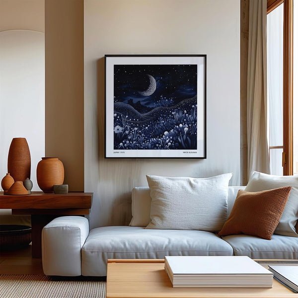 Camera da letto minimalista con arte serena e poster della luna