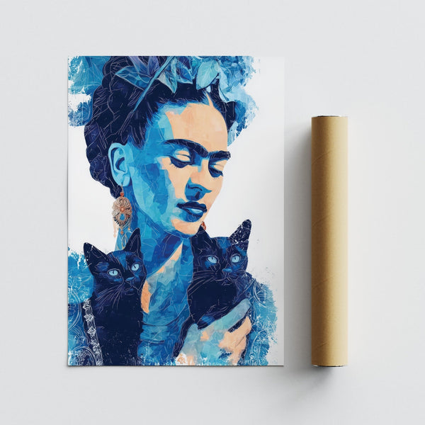 Ritratto in stile artistico stilizzato di Frida Kahlo che tiene in braccio gatti neri in tonalità blu.