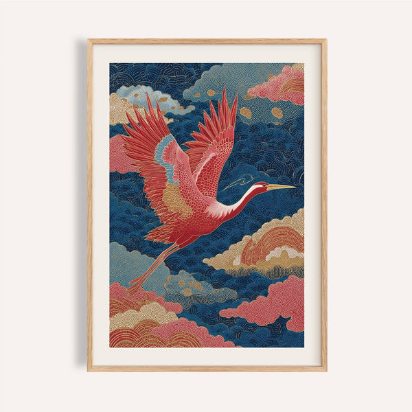 Stampa giapponese vintage raffigurante un uccello rosso in volo su uno sfondo di nuvole blu e rosa