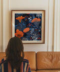Bold Blue Orange Wall Art blending modern florals with dotted botanical forms.