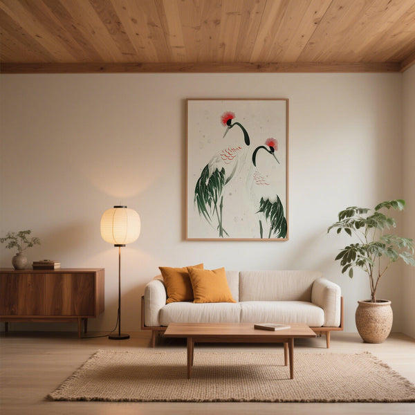 Arte minimalista giapponese raffigurante un'elegante coppia di gru con accenti di verde e rosso.