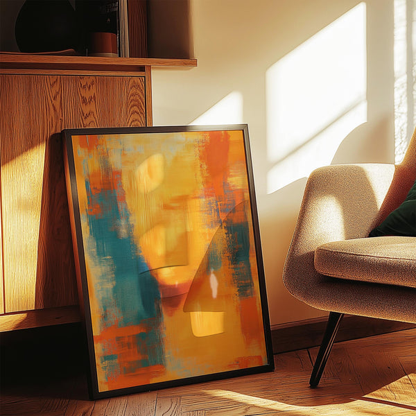 Interior-friendly blue and orange abstract art with a calm, textured palette.