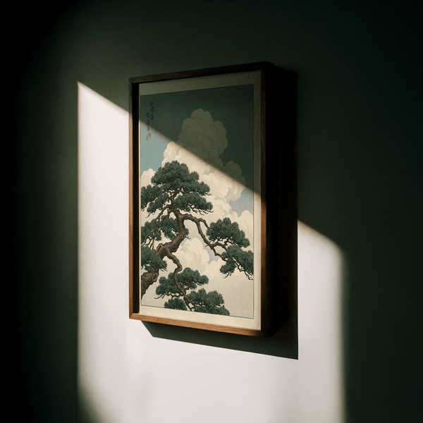 Poster artistico con paesaggio giapponese, cielo blu e morbido beige per l'ufficio domestico