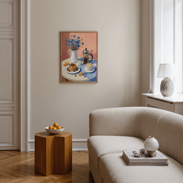 Breakfast Art Print featuring blue flowers and pancakes for dining room decor