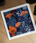 Blue Orange Wall Art print with abstract plants and intricate pointillist detail.