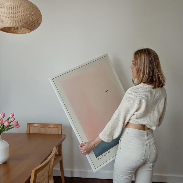 Decorazione murale rosa e blu che raffigura toni astratti del cielo e del paesaggio marino.