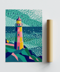 Stampa vivace e colorata con un faro arancione e blu, perfetta per il corridoio
