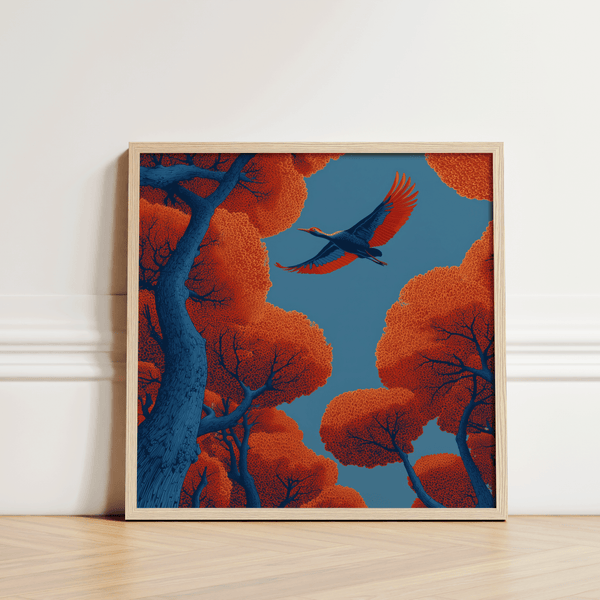 Stampa artistica decorativa Fyling Bird Wall Decor con cielo blu e cime degli alberi rosse per lo studio