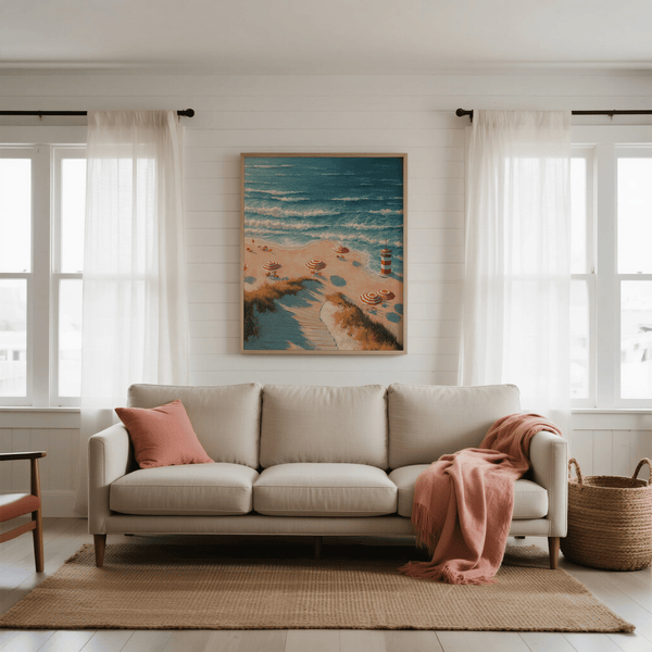 Stampa con faro sulla spiaggia blu e beige per decorazioni murali a tema nautico per lo studio