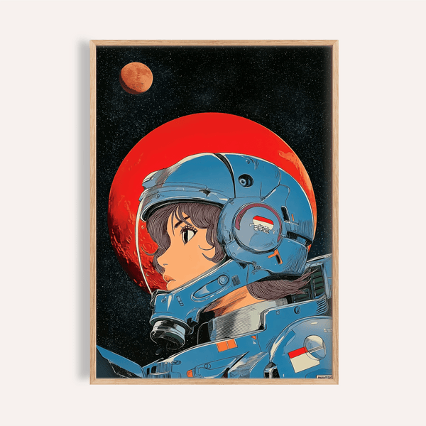 Stampa artistica Space Girl in rosso e blu per decorare le pareti della camera da letto