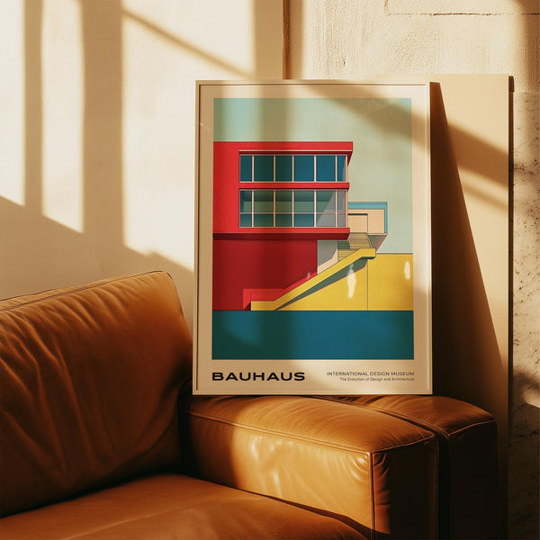 Dettaglio di una scala gialla in stampe d'arte moderna della metà del secolo che mettono in risalto il minimalismo architettonico.