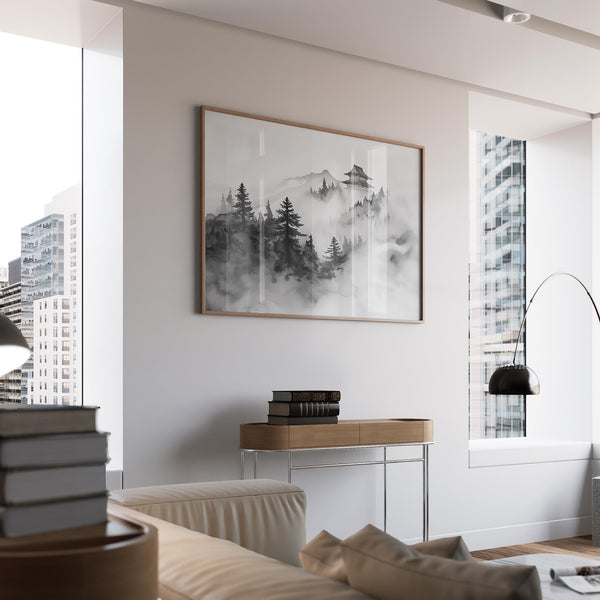 Tempio giapponese immerso tra montagne nebbiose ricoperte di pini, in stile artistico minimalista di montagna.