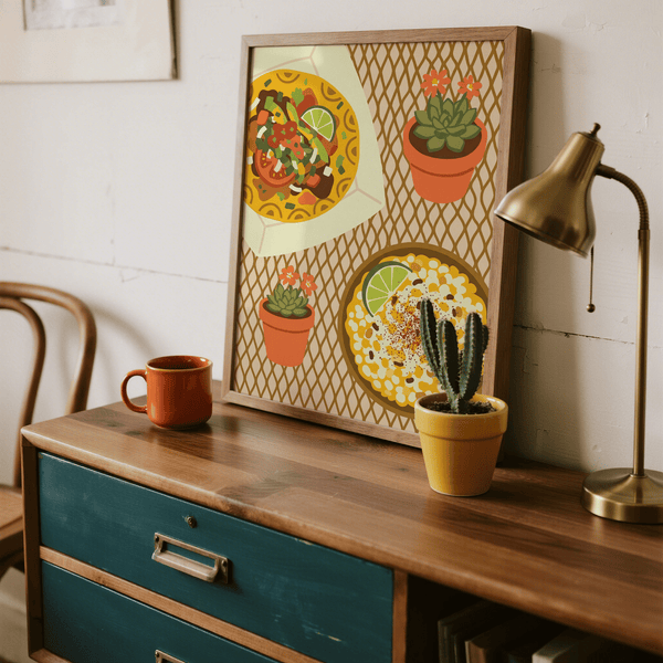 Poster Taco Wall Art per sala da pranzo nei toni dell'arancione, del marrone e del beige