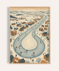 Stampa artistica Winter Village Scene in blu, beige e arancione per il soggiorno