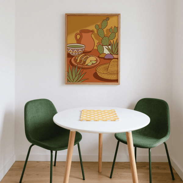 Poster per sala da pranzo con stampa di cibo messicano, arancione e verde, decorazione da parete