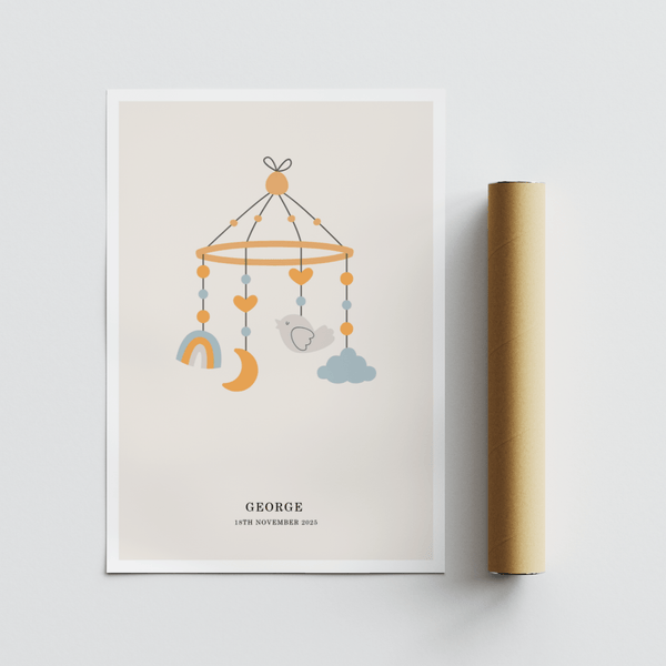 Personalised Baby Poster with multicolored mobile illustration for baby art print