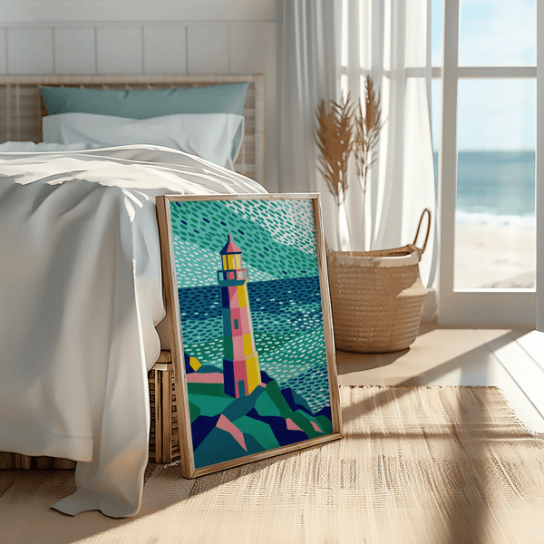 Poster astratto con stampa colorata di un faro in blu e giallo per studio creativo