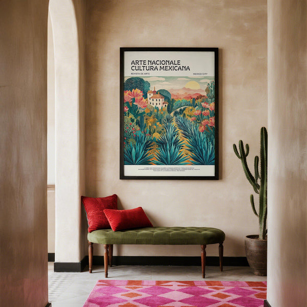 Hacienda immersa nella natura in una colorata stampa artistica raffigurante un paesaggio messicano.