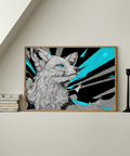 Stampa artistica Retro Fox con accenti geometrici blu per spazi moderni