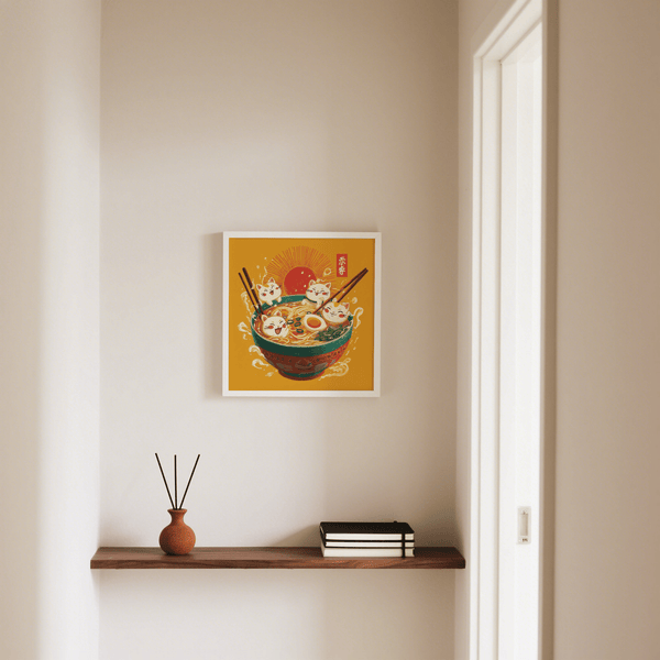 Living room wall art featuring Cute Cat Print in White, Yellow, Red, Green