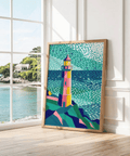 Stampa artistica con motivo faro dai colori vivaci, blu e verde, per un soggiorno contemporaneo