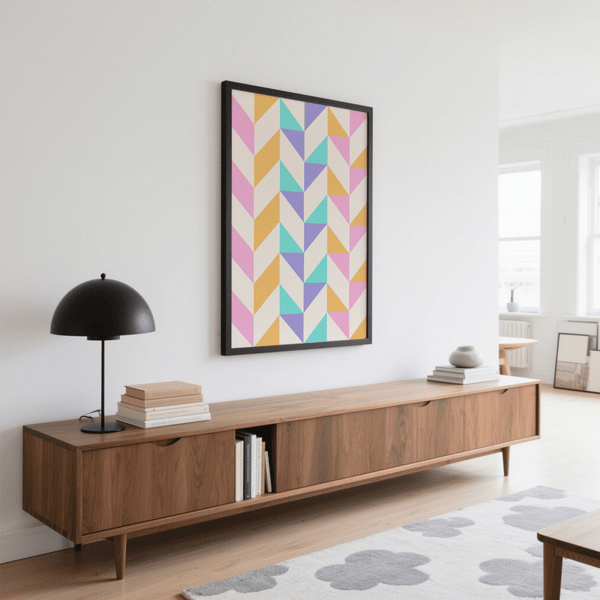 Stampa con motivi geometrici colorati in blu e rosa per il corridoio