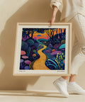 Stampa pop art surreale a pois con sentiero luminoso nel bosco
