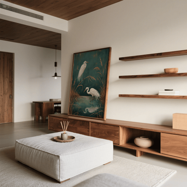 Decorazione da parete Egret con canne verdi, blu e dorate per l'arredamento della camera da letto