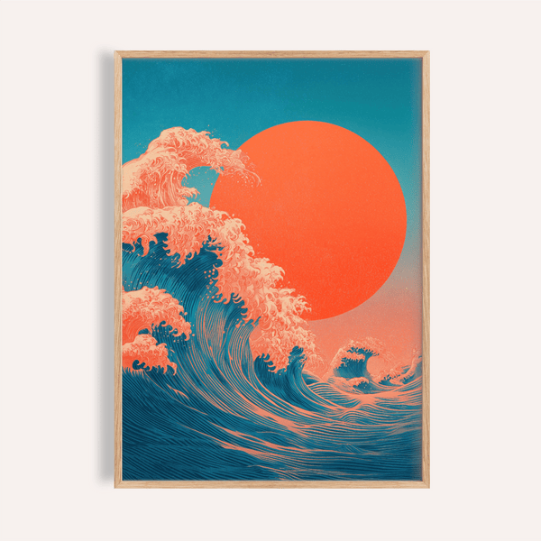 Stampa Japandi Waves in blu e rosso per decorare le pareti del soggiorno