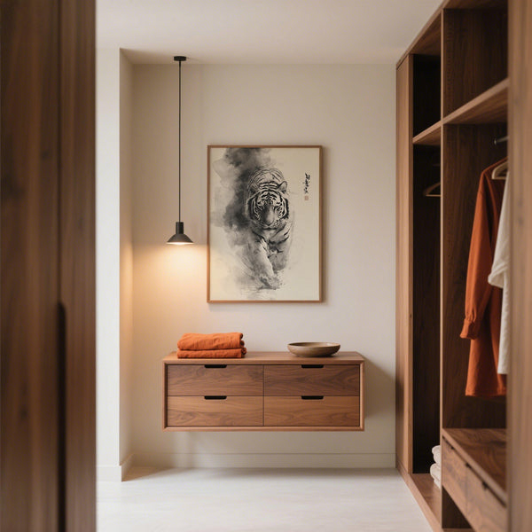 Tigre dipinta con inchiostro sumi-e giapponese in tonalità monocromatiche.